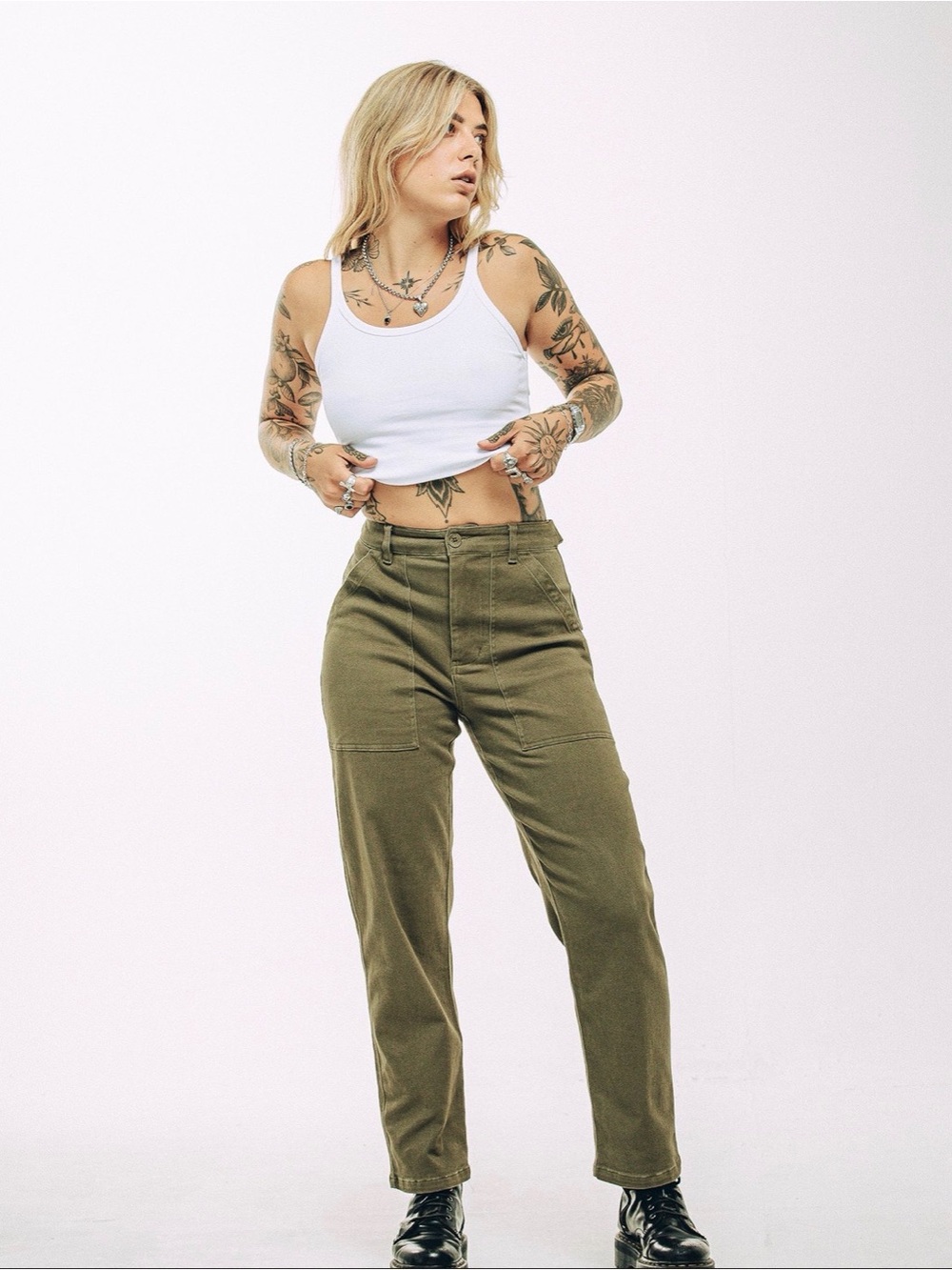 P&Co Service Fatigue High-Rise Pants in Olive Green Size 30 - Picture 3 of 9